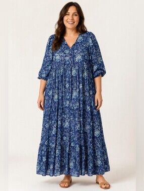 River Goddess Blue Floral Organic Cotton Tiered Maxi Dress L/XL
